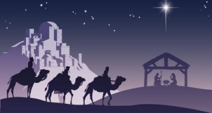 Illustration of traditional Christian Christmas Nativity scene with the three wise men going to meet baby Jesus in the manger.