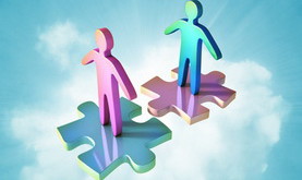 Male and female icon on top ot two perfectly matching puzzle pieces. Digital illustration.