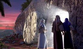 Mary Magdalene, Mary, & Salom walking up to the bright empty tomb of Jesus Christ early Sunday morning, Showing Golgotha in the background.